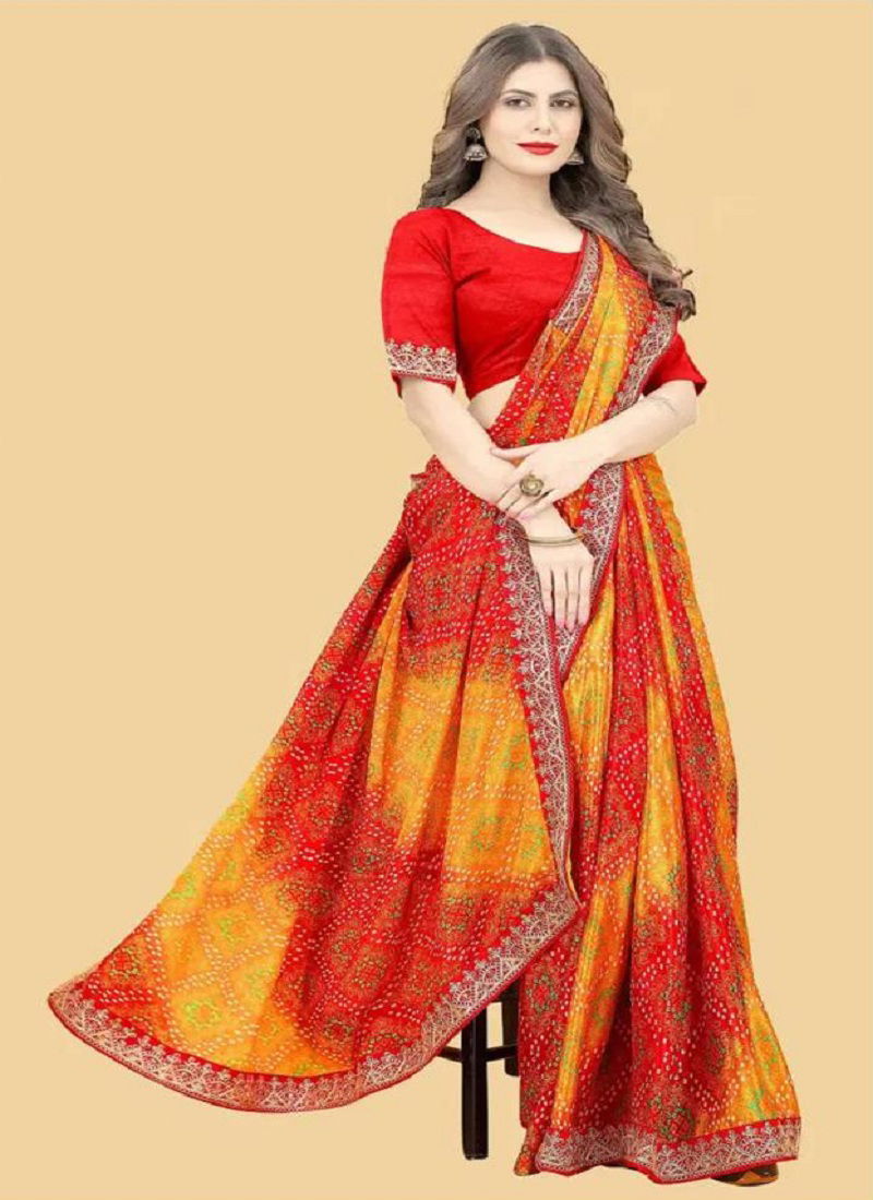 Mayurika 1 Red Colour Bandhej Printed Chinon Silk Saree Orders In India